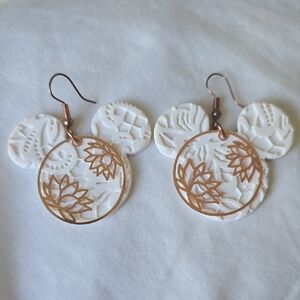 Handmade White & Rose Gold Lotus Disk Earrings - Women Jewelry